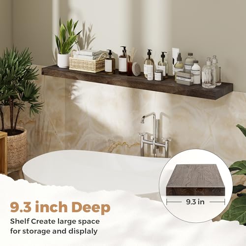 Image of RICHFOCUS Elm Floating Shelves for Wall - 48 inch W x 9.3 inch D Rustic Solid Wood Shelves with Invisible Bracket, Wall-Mounted for Living Room, Bedroom, Kitchen Storage & Display, Set of 1, Walnut