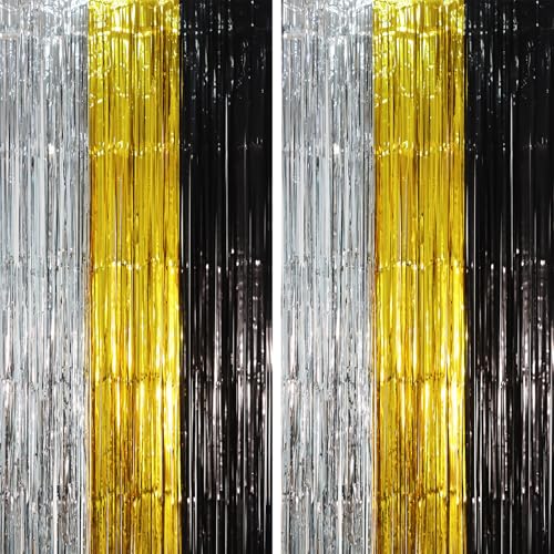 Image of Voircoloria 2 Pack Black Gold Silver Foil Fringe Backdrop Curtains, Tinsel Streamers Party Decorations, Fringe Backdrop, Door Shimmer for New Years or Birthday Party