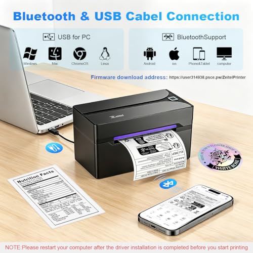 Image of Zeitel Bluetooth Thermal Label Printer Machine 4x6 Barcode Shipping Label Maker Portable Sticker Printer with 1 Roll 100 * 150MM Paper & Holder, 20-110mm Adjustable, Compatible with Mobile&Laptop