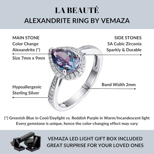 Color Change Alexandrite Ring 925 Sterling Silver June Birthstone Oval Kite Round Pear Shape Halo Cocktail Statement Engagement Ring Vintage Solitaire Three Stone Trilogy Lab Created Alexandrite Rings for Women2