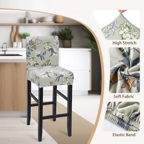 Image of SearchI Bar Stool Covers Set of 4, Stretch Washable Barstool Seat Covers, Counter Height Chair Covers for Kitchen Dining Room Cafe (Green Grey Flower)