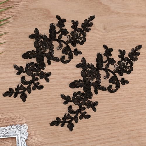 GORGECRAFT 3D Sequin Beads Embroidered Lace Applique Flowers Leaves Sew on Trim Patches Glitter Bead Floral Collar Fabric Craft Decoration Patch for Sewing Wedding Clothes Dress Pants Jeans Bag Black - Image 4