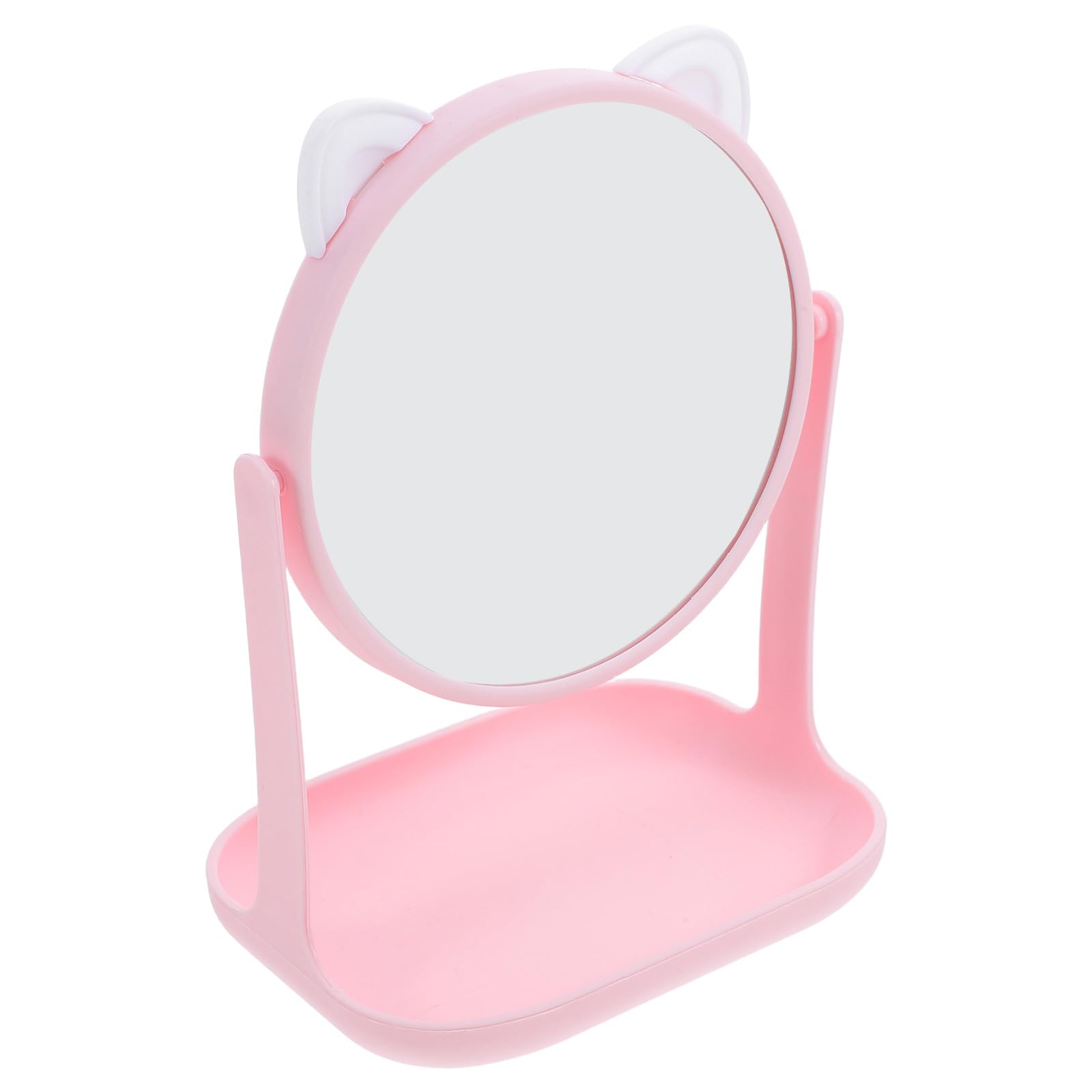 Clearlin Cat Ear Desktop Makeup Mirror with Rotatable 1-sided Glass, Pink Cosmetic Mirror with Storage Tray for Women’s Vanity and Desk Organizer