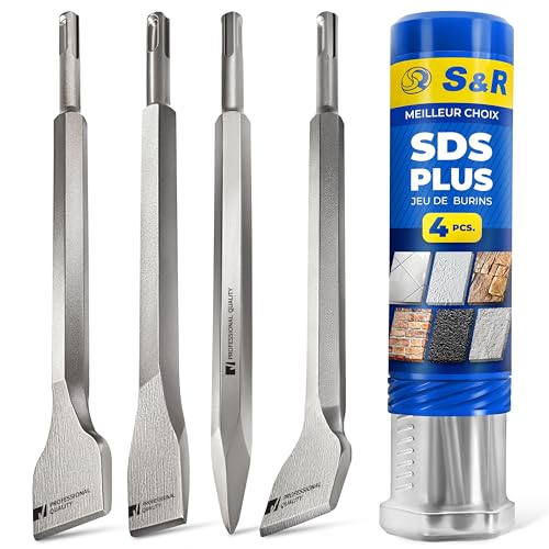 S&R Jeu 4 Burins SDS-Plus Ciseaux à Béton Carrellage Pierre Maçonnerie pour Perforateur Burineur