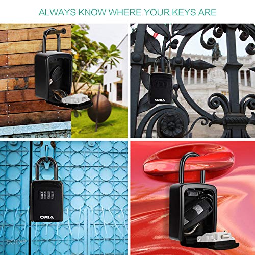Oria Key Lock Box, Key Safe Box, 4 Digit Combination Key Storage Lock Box, 5 Keys Capacity With Removable Shackle For Indoor Outdoor, Black 3.66In #TOP6