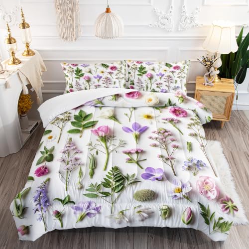 Image of AILONEN Botanical Meadow Comforter Set Twin Size, Wildflower Bedding Ensemble, Green Leaf Bedspread Quilt with 2 Pillowcases for Dorm Bedroom