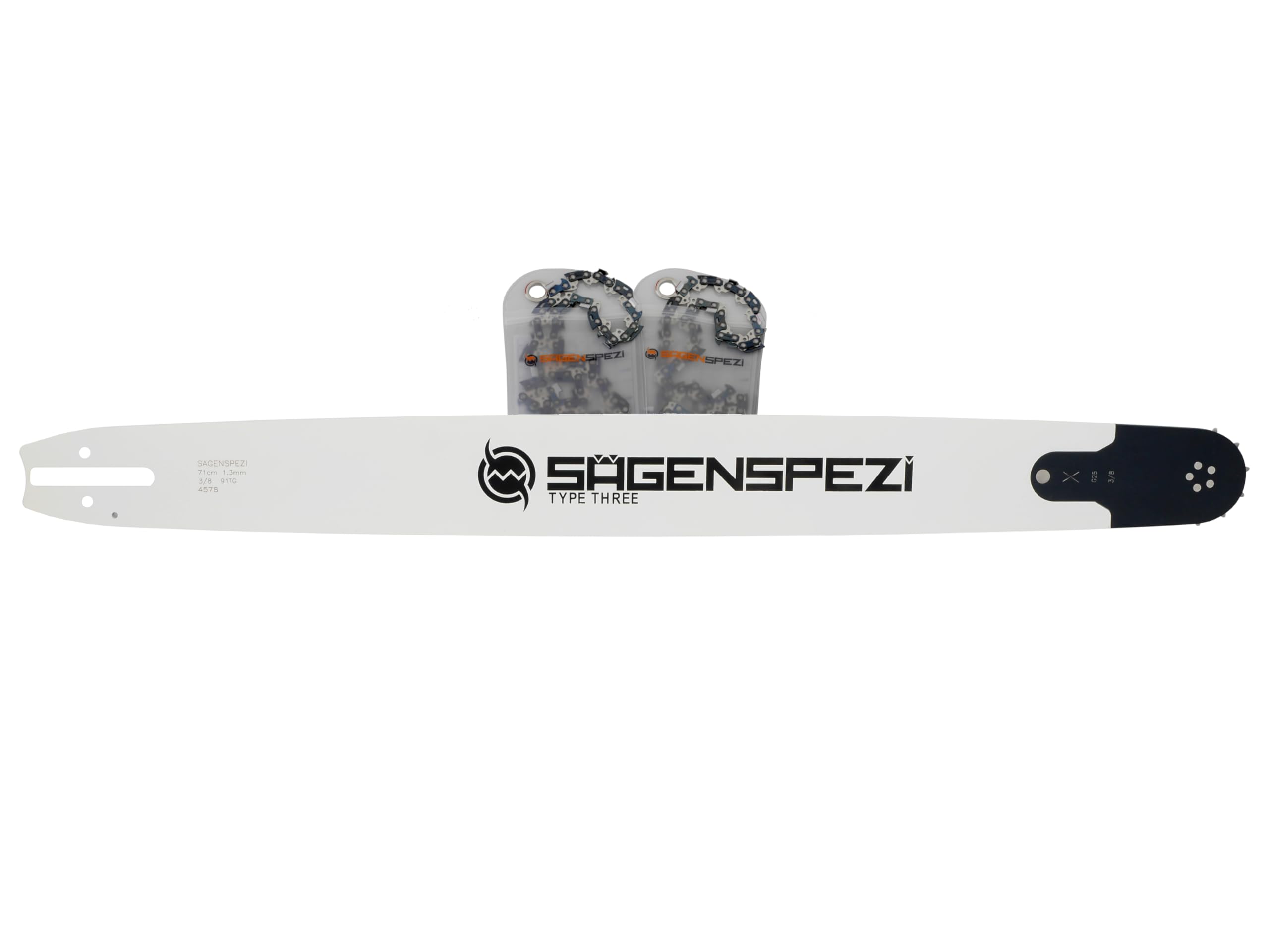 SÄGENSPEZI Set: 71 cm de riel de guía de acero completo + 2 cadenas de sierra de media cincel de 3/8" 1,3 mm 91TG | con estrella de desviación, apto para Stihl MS361, MS391, MS440, MS460, MS462