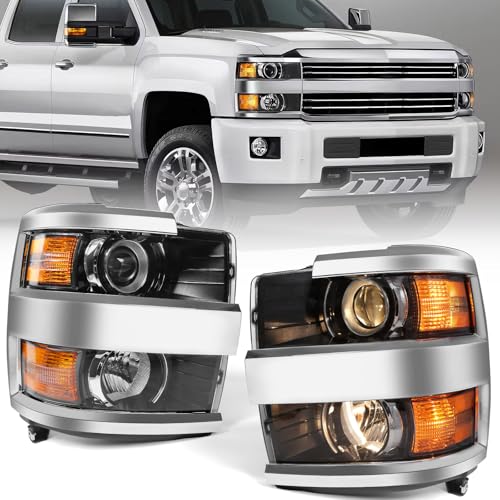 FIONE Halogen Headlights Assembly Compatible with Chevy Silverado 2500 3500 HD 2015-2019 Chrome Housing A Pair Headlamp LH Left Driver & Right Passenger Side