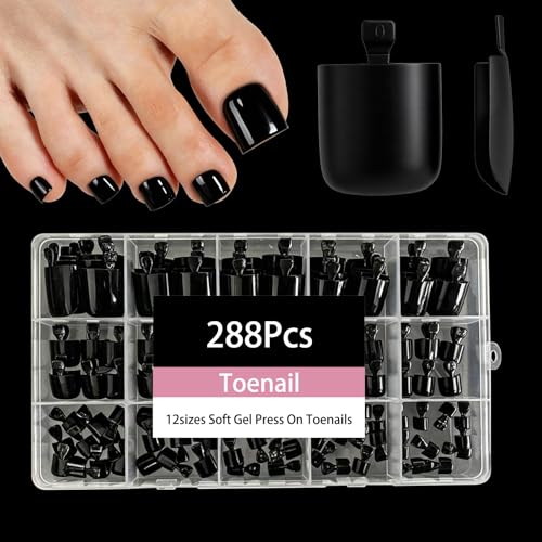 Jsiallye 288Pcs Press on Toenails For Women Black Fake Toe Nails For Girl Fake Toenails Press on Nails Short Square Acrylic Toe Nail Tips Glue on Toenails False Artificial Toe Nails Press ons