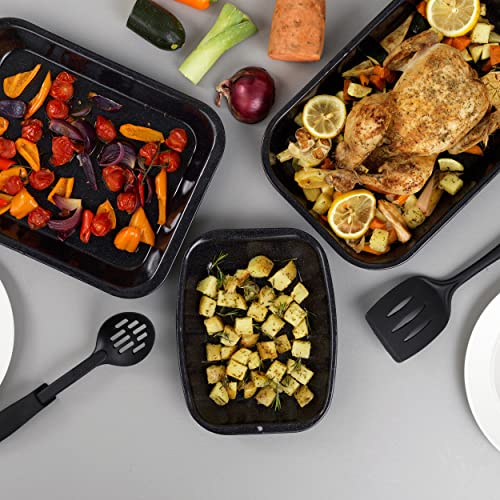 Russell Hobbs CW20701 Romano 3-Piece Roasting Tray Set – Large Vitreous Enamel Roasting Tin, 36/38 cm Rectangular Roasters and 26 cm Chop Tray, Easy-Clean, Oven Safe Up To 230°C, Durable Carbon Steel