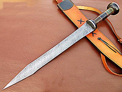 Handmade Damascus Steel Sword Walnut Wood & Colored Bone Handle with Damascus Steel Guard