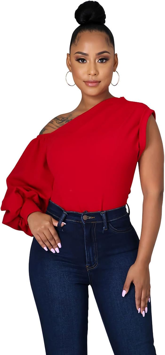 Ekaliy Women Sexy One Shoulder Sleeveless Bodycon High Low Asymmetrical Ruffle Tunics Blouse Shirt Top Dress