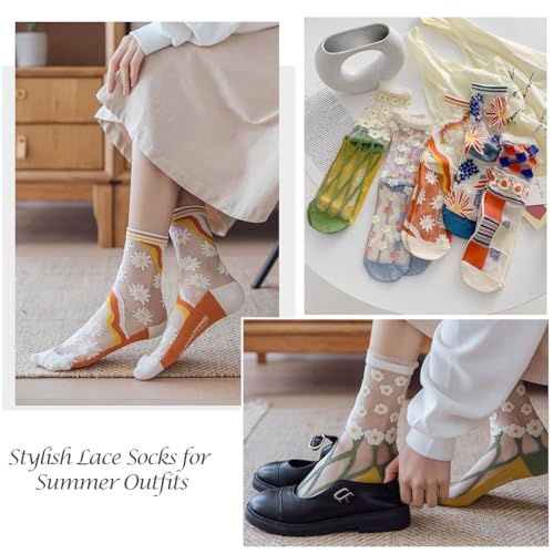 DXYAKY Women's Sheer Floral Embroidered Socks - Vintage Transparent Thin Mesh Crew Socks, Cute & Fashion Lace Aesthetic Ankle4