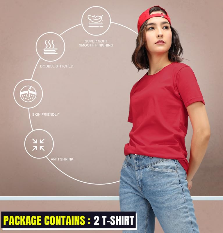 Image of Sleepynuts Women's S to 3XL Premium Half Sleeve Round Neck Plain Combed Cotton Tshirt Pack of 3 Loose Fit T-Shirts Combo