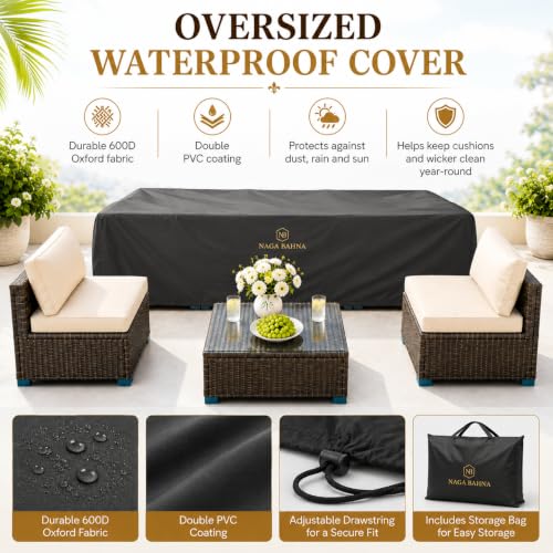 Image of 7 Piece Outdoor Sectional Outdoor Patio Furniture Set, Outdoor Patio Furniture Set with Coffee Table, Sectional Couch Sofa with Cushions, Wicker Outdoor Conversation Set for Backyard & Garden, Brown