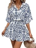Floerns Women's Allover Print Short Sleeve Button Front Boho Romper Jumpsuit Blue and White Large
