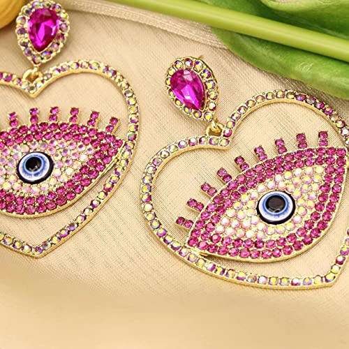 Enrwin Austrian Crystal Evil Eyes Drop Dangle Earrings Heart-Shaped Abstract Eyes Hoop Earring For Women Girls (Fuchsia-Gold Plated) #TOP3