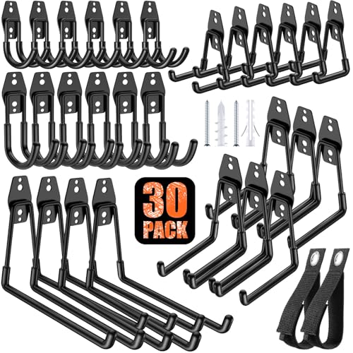 MIKRUI 30 Pack Heavy Duty Garage Hooks,Solid Steel Wall Mount Hangers,with Anti-Slip Coating,for Hanging and Organising Ladder,Bike,Ropes,Broom,Garden,Yard and Power Tools