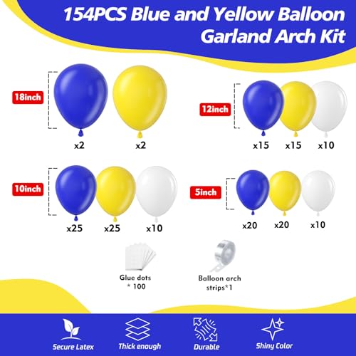 Image of 153Pcs Royal Blue and Yellow Balloon Garland Arch Kit - White Royal Blue and Yellow Balloon Arch Kit Different Size Balloons for Anniversary Graduation Baby Shower Birthday Party Decorations