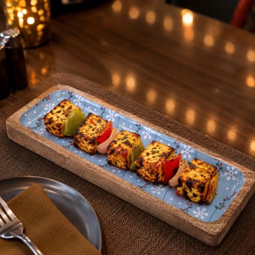 Image of Bluetiful Bites Serving Platter | Blue Enamel Finish Mango Wood Platter | Multipurpose Platter for Snacks, Fruits & Desserts, Premium Table Decor for Dining & Kitchen