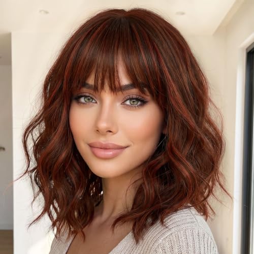 Image of AISI HAIR Bob Curly Wig with Bangs Short Wavy Wigs for Women
