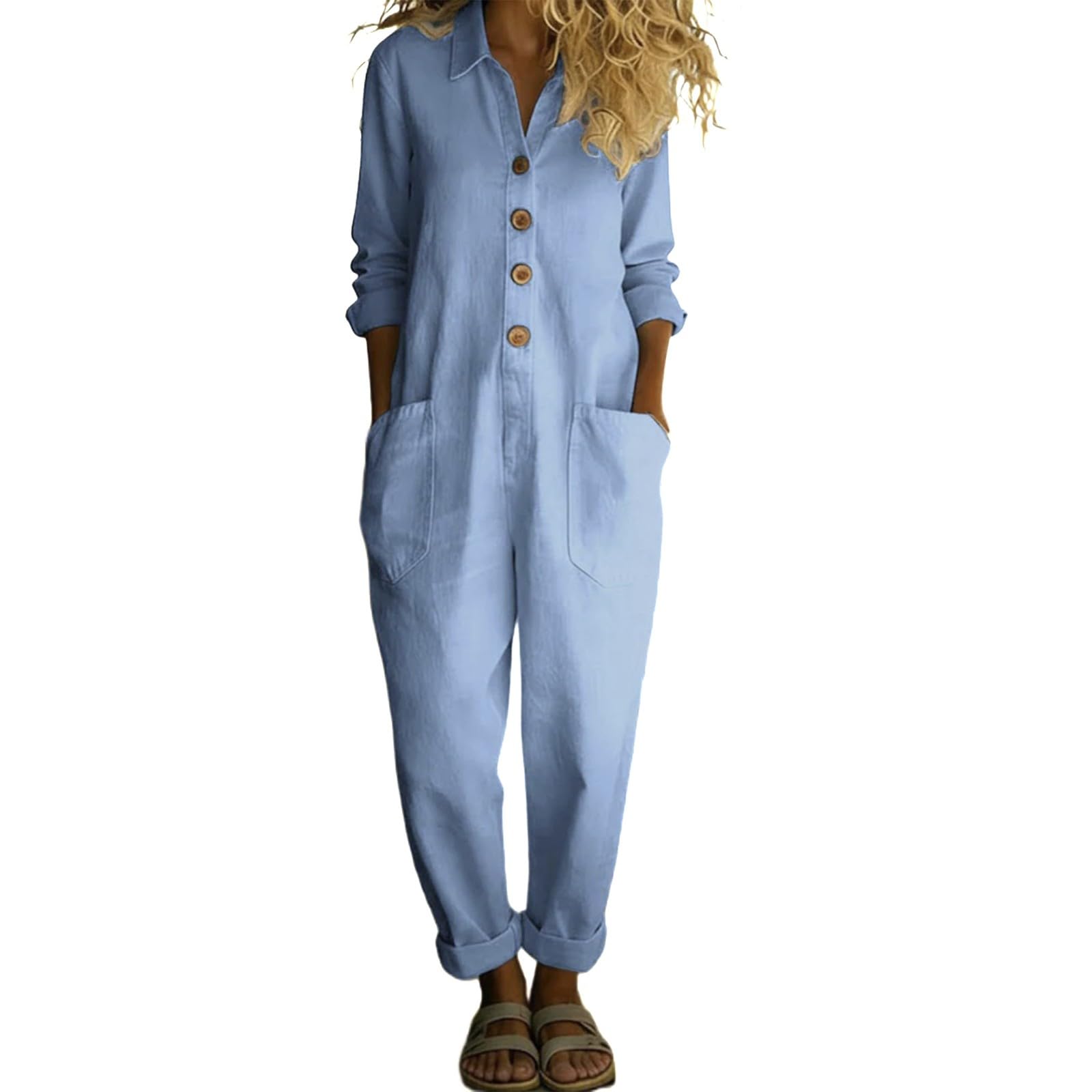 Generisch Combinaison à manches longues pour femme - Combinaison conique à jambes coniques - Une pièce surdimensionnée - Boyfriend Playsuit décontractée - Combinaison ample - En coton uni - Pour les
