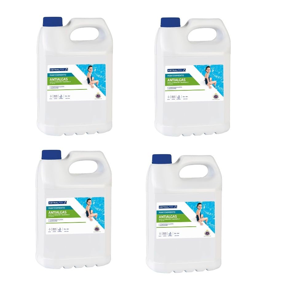 Antialgas Envase 5 L X 4 UN (Caja) -Evita la formación y Desarrollo de Algas - Apto para Piscinas Familiares y Públicas - 20 LT