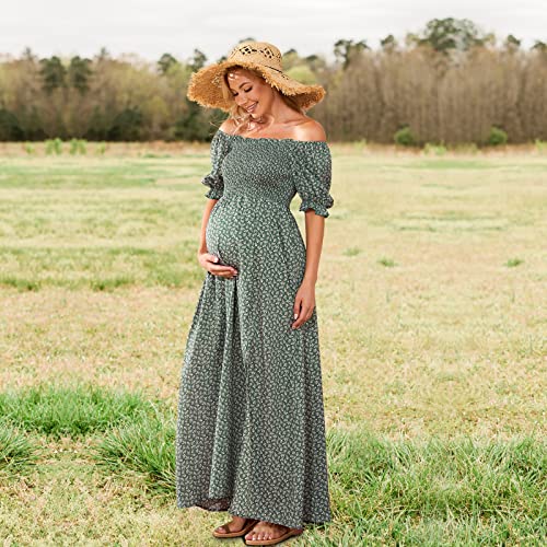 Floral Print Square Neck Puff Sleeve Maternity Dress For Baby Shower Photoshoot, Boho Smocked Split A Line Maternity Dress Sage Green #TOP3