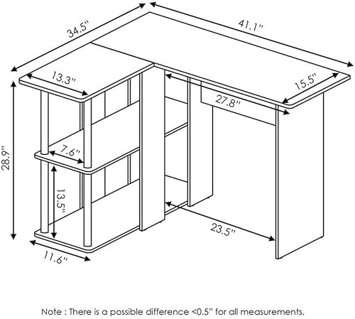 Miniatura 50 de Furinno Abbott - Escritorio para computadora en forma de L con estantería de tubos de acero inoxidable, americano/cromado 2-Roble