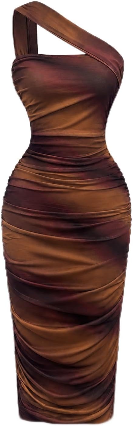 Narecte Summer Dresses for Women One Shoulder Mesh Ruched Bodycon Midi Dress Elegant Wedding Guest Cocktail Dress