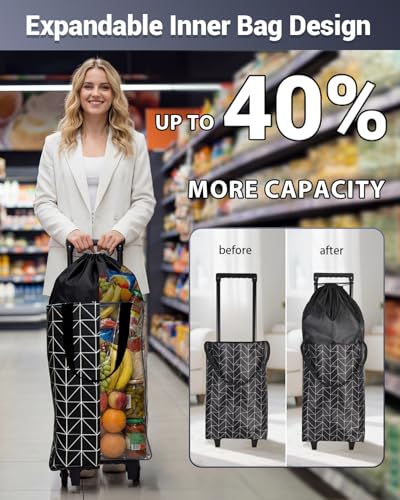 Image of Rolling Shopping Bag, Small Shopping Cart with Wheels,Collapsible Portable Waterproof Tote for Market & Grocery Runs-Gift for Women & Seniors(Black&Expandable Bag)
