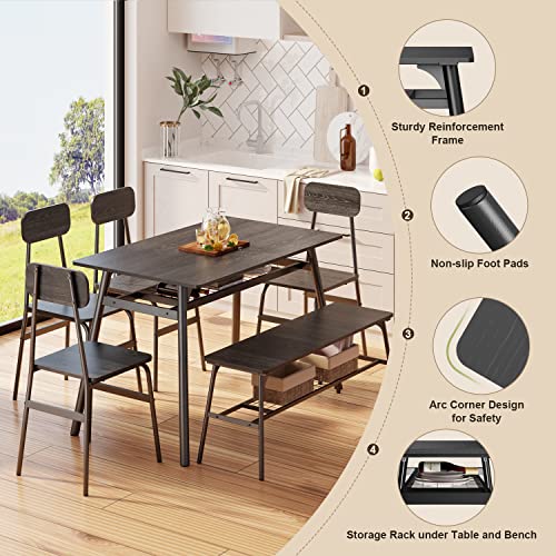 Gizoon Dining Table Set For 6, 6-Piece Kitchen Table And Chairs, 46'' Dining Room Table Set With Bench, Storage Rack For Small Space, Home, Apartment, Black #TOP3