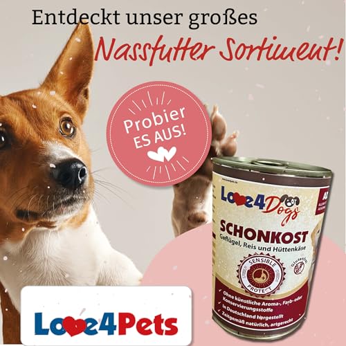 Love4Dogs Premium SCHONKOST Geflügel mit Reis und Hüttenkäse 6x400g Durchfall/Magen-Darm