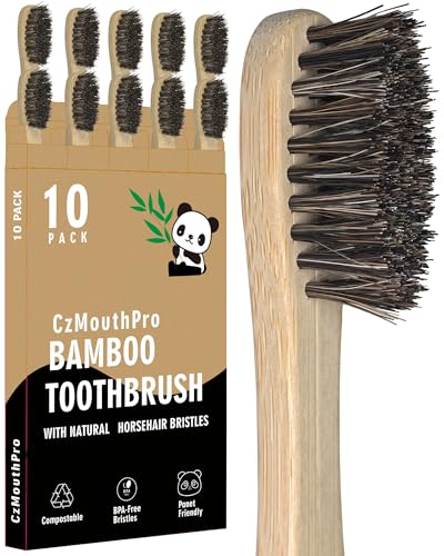 CzMouthPro Natural Horse Bristle Bamboo Toothbrush 10 Pack Adult