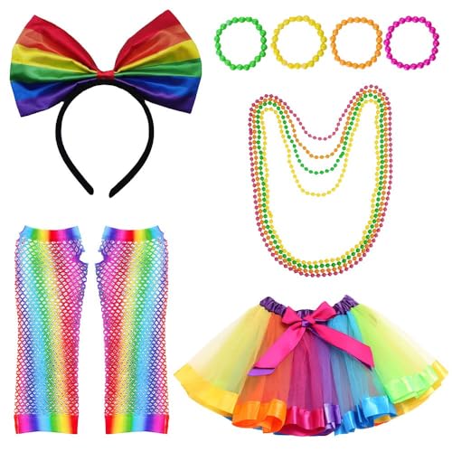 Lot de 5 costumes arc-en-ciel pour femme - Avec jupe en tulle arc-en-ciel - Gants en maille...