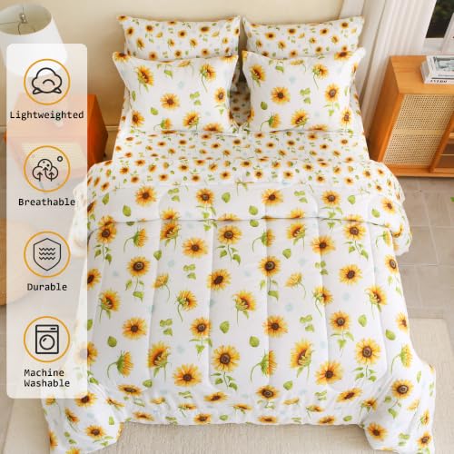 Image of lasoftan Floral Queen Comforter Set with Sheets, 7 piece Luxury Vintage Bedding, Soft Microfiber Bed in a Bag, Cozy Lightweight Bed Set, Lavender Flower Grey Leaf
