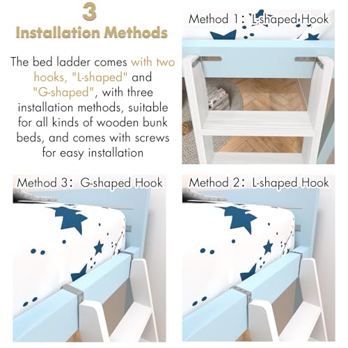 Image of 50 inch 55 inch 60 inch Black Wood Bunk Bed Ladder, Lofted /Dorm /RV Bed Bunkbed Ladders with 4in Extra Wide Steps and Non-Slip Pads, Replacement Wooden Ladder for Motorhome /Camping (White, 67in /170cm)