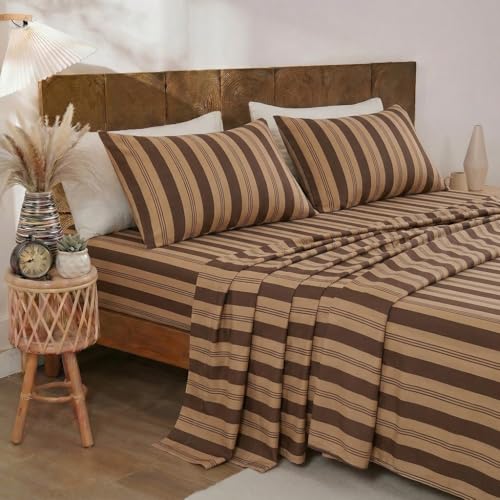 Image of Merryword 100% Cotton Sheet Set Queen Size - Brown Striped Bedding, Soft Breathable Percale Weave, Deep Pocket Fitted Sheet 17.5 inch, Luxury & Silky Soft Sheet Set for All Seasons