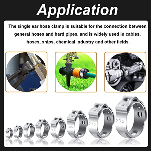 Image of 62Pcs 7 Sizes 304 Stainless Steel Single Ear Hose Clamps 6-23.5mm Crimp Hose Clamps Assortment Kit Perfect for Automotive /Home Appliance /Water Pipe and Fuel Line