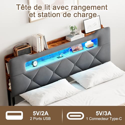 Bett 140 x 190 cm mit LED- und USB-Bettgestell, gepolstertes Doppelbett mit 4 Schubladen, gepolstertes Bett mit großem Stauraum, Litss mit Schubladen für Erwachsene und Jugendliche (Grau-D, 140 x 190 – Bild 5