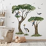 Yovkky Toucan Birds Tree Wall Decals Stickers, African Crowned Crane Forest Animal Home Bedroom Decor, Peel and Stick Living Room Kitchen Decorations Art