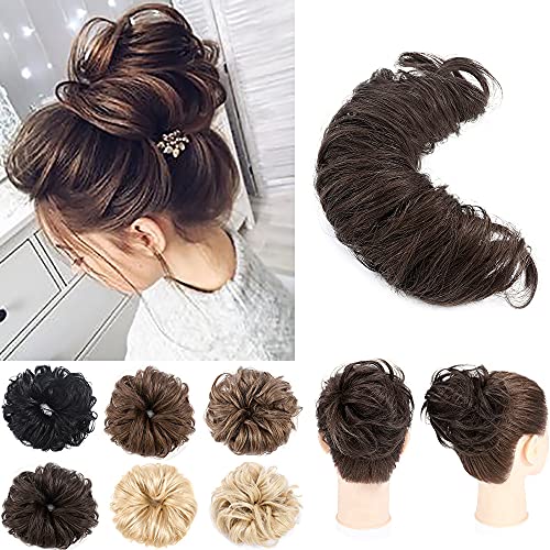 SEGO Messy Bun Hair Piece 100% Real Human Hair Buns Extensions Tousled Updo Fluffy Hair Ponytail DIY Wrap Around Bun Hair Scrunchie Wavy Donut Chignons for Women Kids #02 Dark Brown