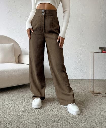 Image of Women's Wide Leg Bottomwear with Pocket || Corduroy Mid Rise Loose & Relaxed Fit Casual Korean Baggy Trousers for Woman Elegant Workwear for Office, College & Events