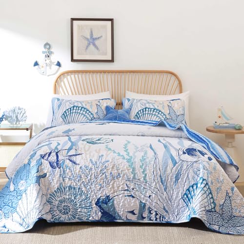 DJY Ocean Coastal Quilt Queen Size, 3 Pcs Beach Theme Bedspread Bedding Set