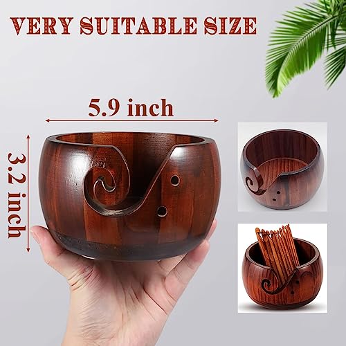 Image of Wooden Yarn Bowl,Yarn Bowl for Knitting Yarn Bowls Crochet Yarn Ball Holder Yarn Storage Bowl for DIY Knitting Crocheting Crochet Kit Organizer,with 12 Pcs Bamboo Crochet Hooks (No-Lid Dark Wood)