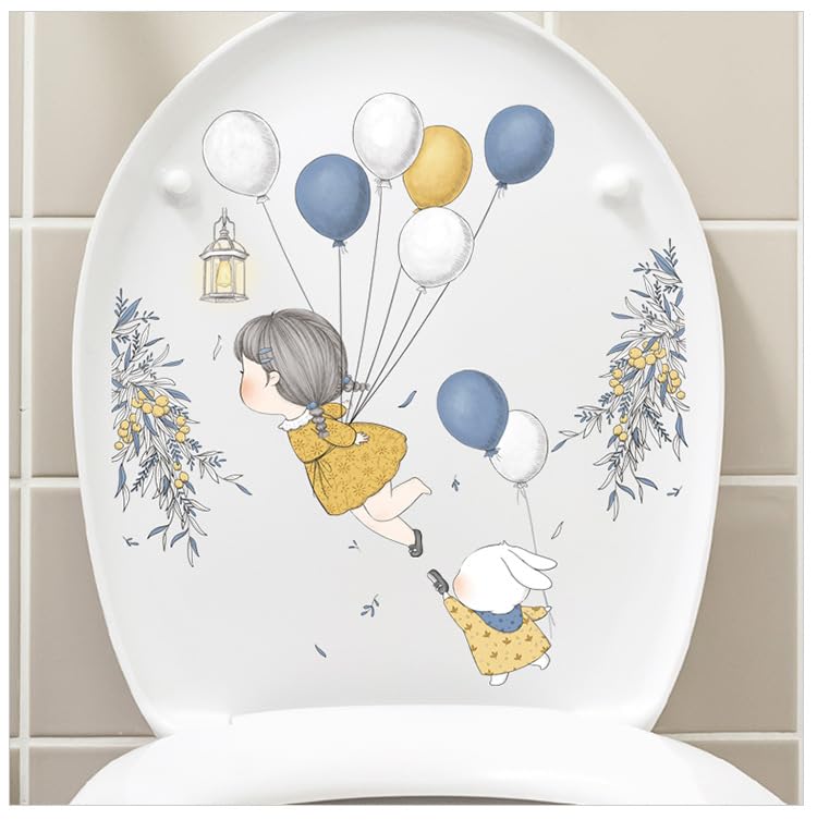 Image of Cute Girl and Bunny Balloon Toilet Lid Sticker for Kids Bathroom Decor Baby Girl Boy Room Decor