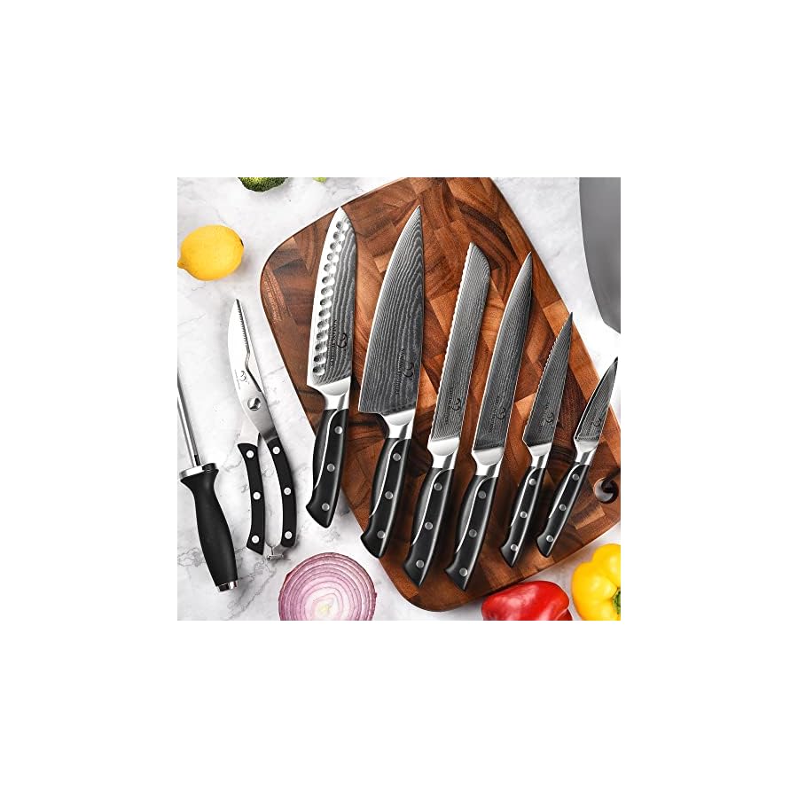 Damascus Kitchen Knife Sets, 9 Pieces Kitchen Knives Set with Block, ABS Ergonomic Handle for Chef Knife Set, Knife Sharpener and Kitchen Shears, Knife Block Set