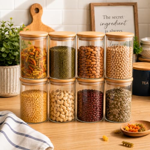 Image of Airtight Glass Storage Jar with Bamboo Lid, 1000ml | Borosilicate Multipurpose Kitchen Container for Coffee, Tea, Sugar, Spices, Dry Fruits & Snacks | Pantry Organizer (Pack of 8)