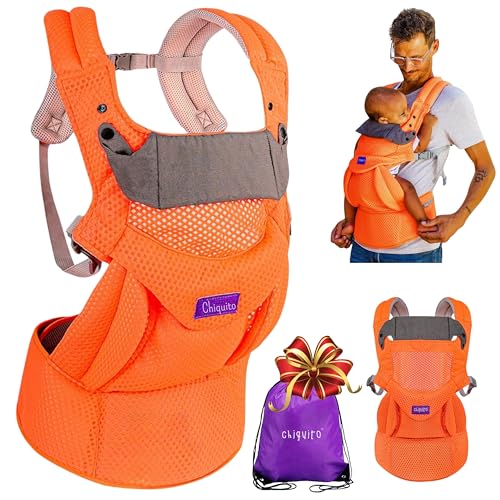 Chiquito | Mochila Portabebés 0-36 m (3,2-15 kg) | Ergonómica y transpirable Softflex Malla 3D | Soporte lumbar para mayor comodidad | Ajuste rápido | Postura M | Bolsa regalo incluida. (Naranja)