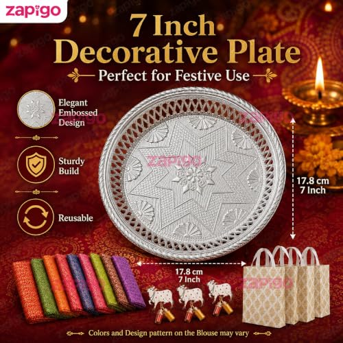 Image of Habba Blouse Piece with Cow Kumkum Set, Decorative Silver Plate & Laminated Carry Bag, Silk Blend Blouse Material Combo for Traditional Haldi Kumkum, Pooja Return Gifts, Navratri, Diwali - Pack of 5